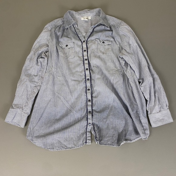 Style & Co.‎ Chambray Top 16W Blue Striped Button Down Shirt Cotton Long Sleeve - Picture 1 of 11